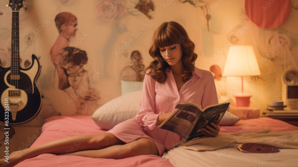 Naklejka premium A portrait of a girl in the 60s reading a book on a bed. Bedroom with soft lightning. Romantic atmosphere. Illustration. Generative AI