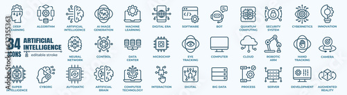 Artificial intelligence and machine learning icon set. Vector graphic illustration.