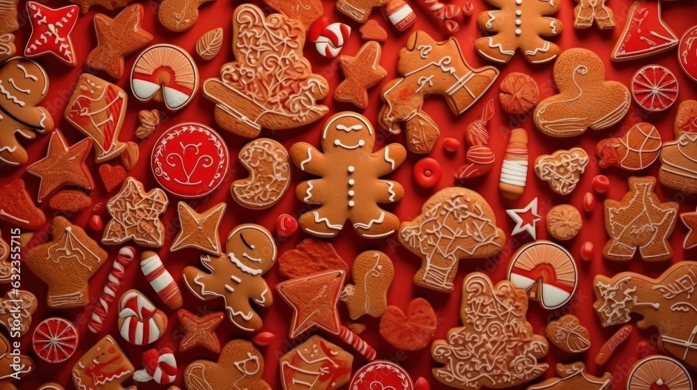 Christmas gingerbread cookies on a red background. Christmas and New Year sweets