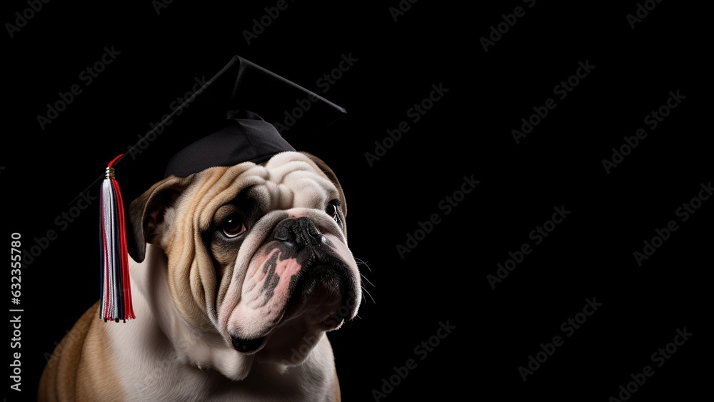 English bulldog dog in graduation cap isolated on black background. English learning language school concept. Copy space.