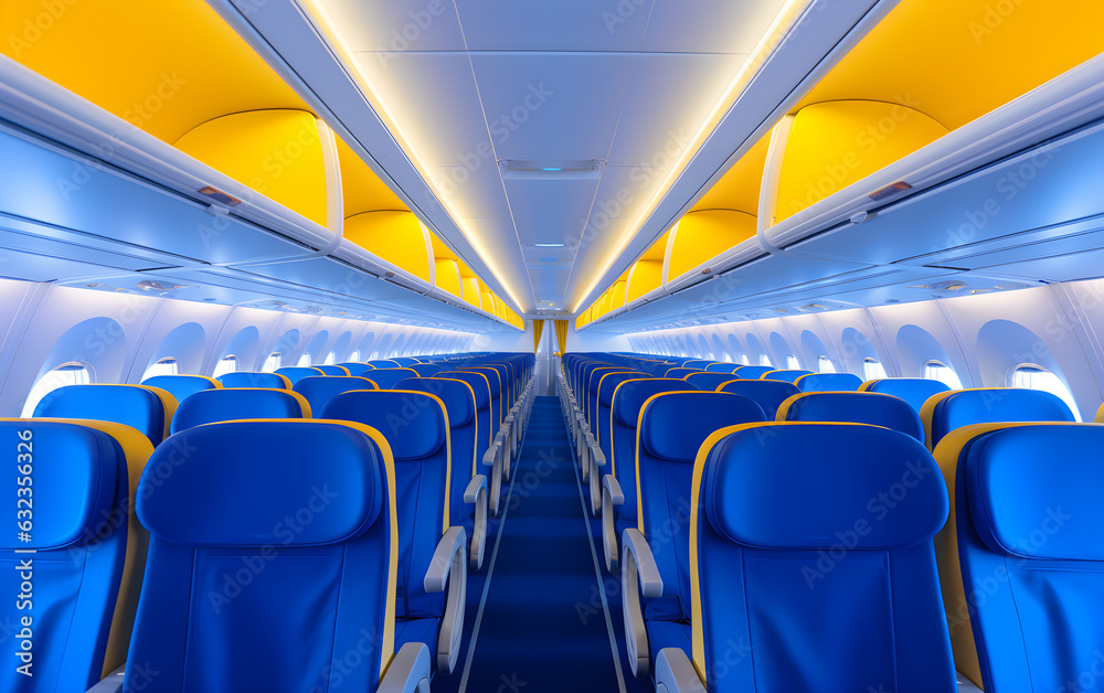 Rows of empty seats on airplane, modern new interior, bright lighting, white, yellow and blue colors, futuristic, advertisement, aerial transport, AI Generated Rows of empty seats on airplane, modern new interior, bright lighting, white, yellow and blue colors, futuristic, advertisement, aerial transport, AI Generated