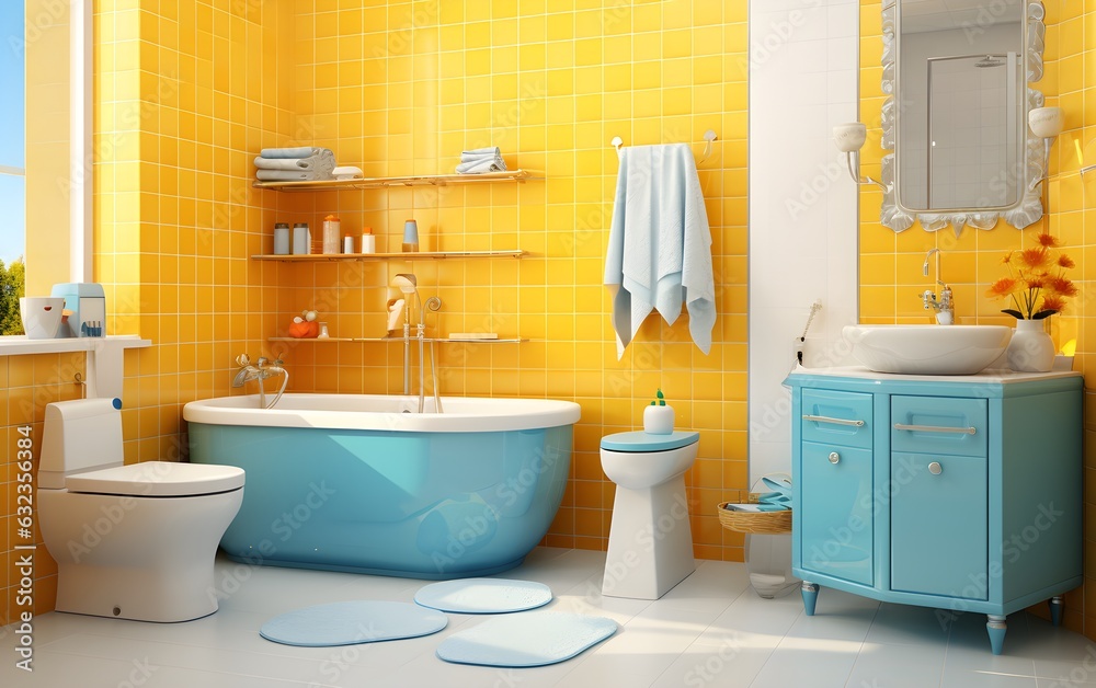 Blue luxurious modern large bathroom interior with a blue mosaic, an oval tub, a double sink and a mirror, yellow and blue, Ukrainian flag colors, Nordic Ikea style, AI Generated Blue luxurious modern large bathroom interior with a blue mosaic, an oval tub, a double sink and a mirror, yellow and blue, Ukrainian flag colors, Nordic Ikea style, AI Generated