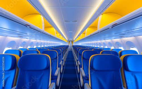 Rows of empty seats on airplane, modern new interior, bright lighting, white, yellow and blue colors, futuristic, advertisement, aerial transport, AI Generated