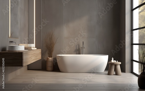 White luxurious modern large bathroom interior with a marble gray stone walls  a white and brown floor  an oval tub  a double sink and a mirror  Nordic style  AI Generated