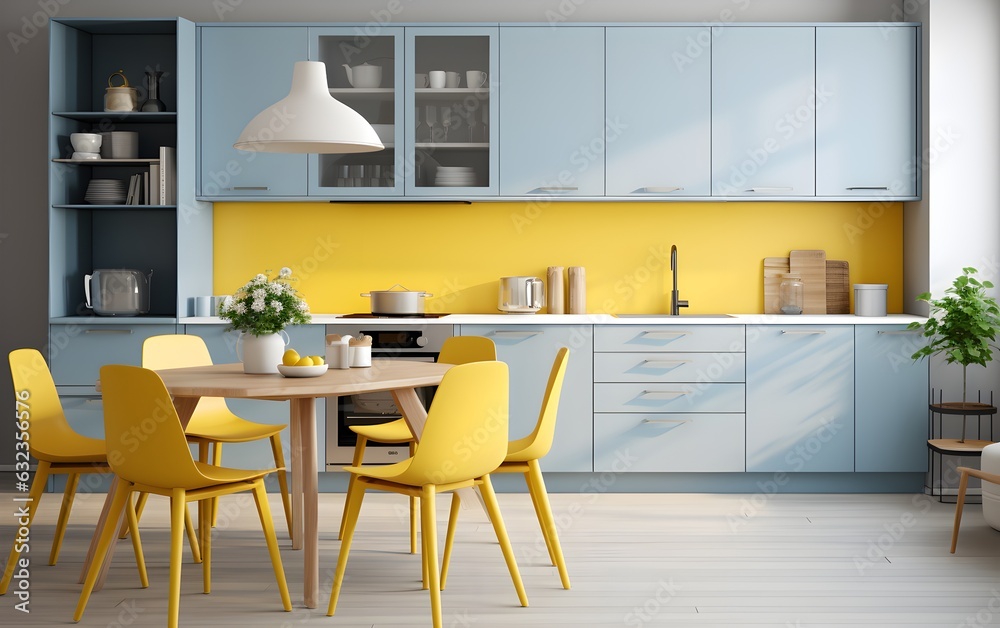 Modern elegant kitchen stock photo, blue and yellow colors, Ukrainian flag,  modern nordic style, white, eye-catching, bright design, fashion, AI Generated