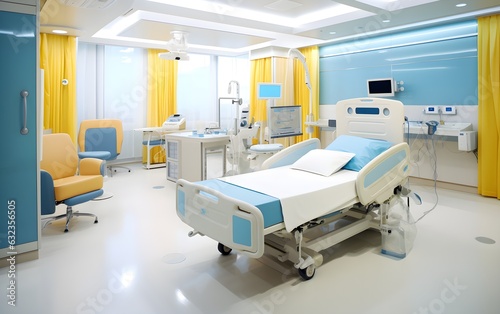 Recovery Room with beds and comfortable medical. Interior of an empty hospital room. Clean and empty room with a bed in the new medical center, blue, yellow, white pastel colors, AI Generated