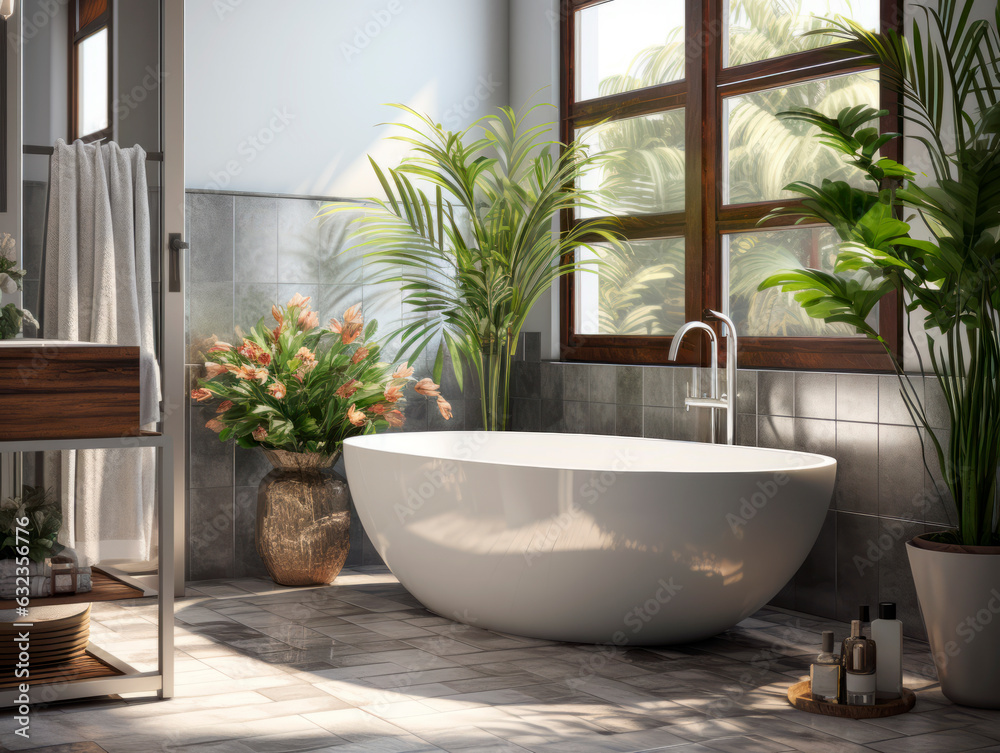 Fototapeta premium Bathroom interior with a large white bathtub standing near the window. Generative AI
