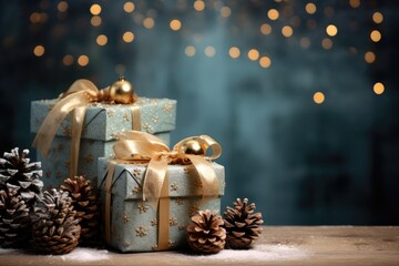 christmas and new year background - gift boxes and pine cones and branches on the background of bokeh garlands
