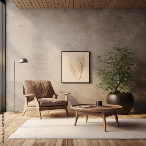 Interior with light brown armchair and circular coffee table. Created using generative AI