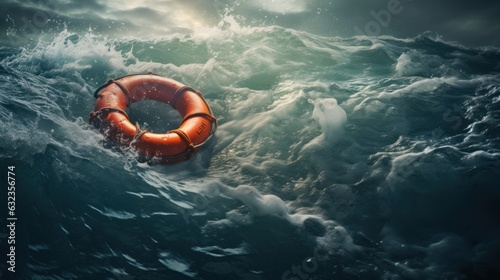 Lifebuoy floats in rough sea waters. Safety and rescue concept. Generative AI