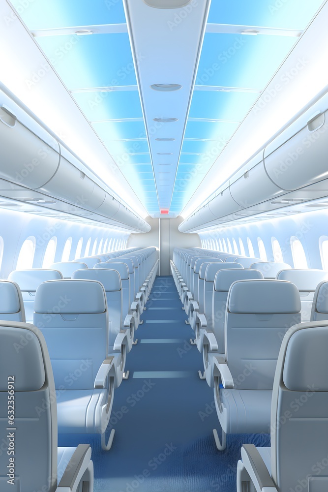 Rows of empty seats on airplane, modern new interior, bright lighting, white and blue colors, futuristic, advertisement, aerial transport, AI Generated Rows of empty seats on airplane, modern new interior, bright lighting, white and blue colors, futuristic, advertisement, aerial transport, AI Generated