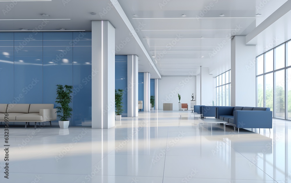 Contemporary modern empty office interior with view, daylight, furniture and equipment, futuristic, white, blue pastel colors, AI Generated - obrazy, fototapety, plakaty 