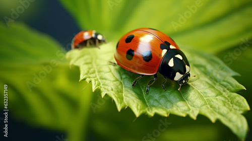 Seven Spot Ladybird Coccinellidae on a Green Leaf Closeup © Asad