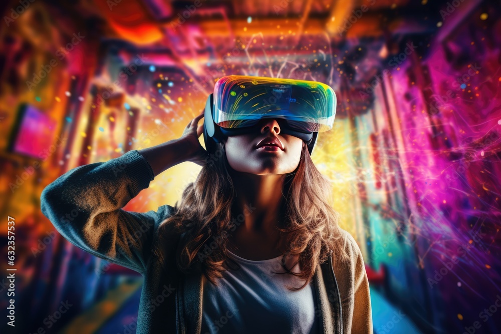 Woman wearing virtual reality glasses in a colorful virtual world. Future technology concept