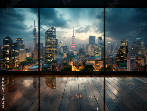 Skyline seen through a glass window. Generative AI