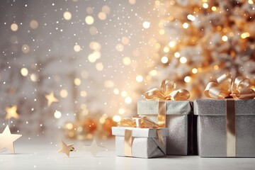 christmas and new year background - gift boxes and stars near decorated christmas tree and copy space over white wall with lights