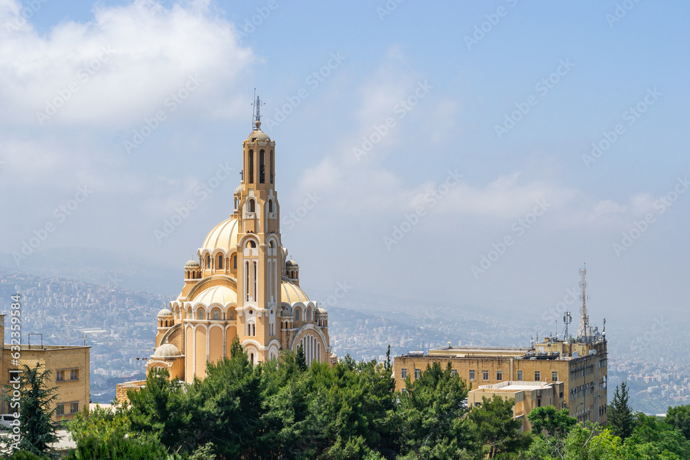 Naklejka premium lebanon Jounieh Beirut cityscape coast landscape high up sky clouds mounatins mediterranean sea