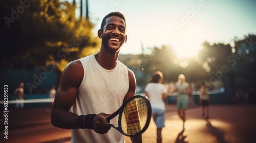 Cheerful young man playing tennis. Generative AI © ColdFire