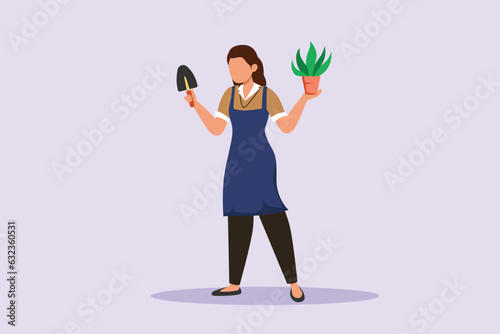 Happy woman caring about interior potted plants. Home gardening and growing houseplants concept. Colored flat vector illustration isolated. 