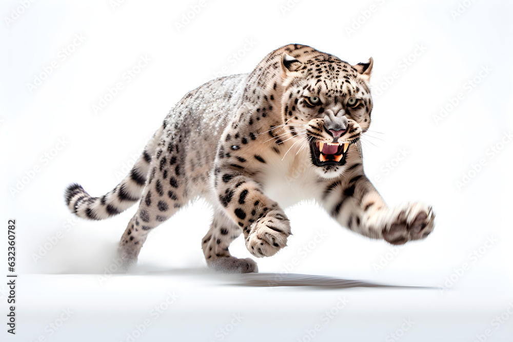 Snow Leopard isolated on a white background jumping. Animal front view portrait. Snow Leopard isolated on a white background jumping. Animal front view portrait.