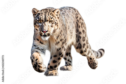 Snow Leopard isolated on a transparent background. Animal front view portrait.