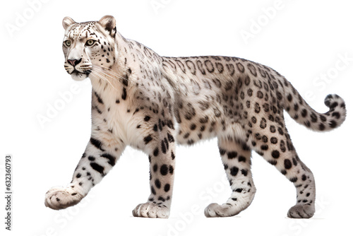 Snow Leopard isolated on a transparent background. Animal left side view portrait.