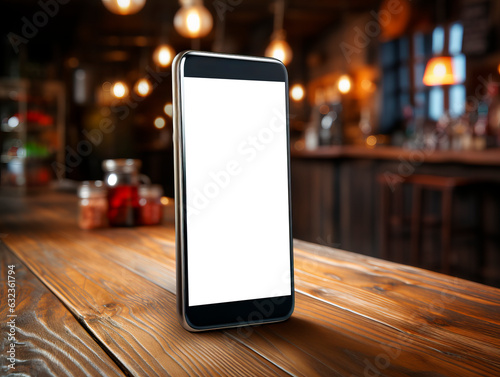 Mockup image of modern smartphone with blank white screen on wooden table in cafe. Generative AI
