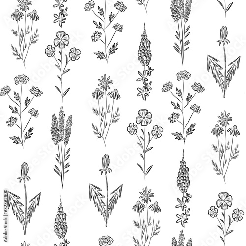 Seamless pattern with wild flowers and plants in hand drawn sketch style