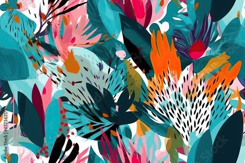 Bright foliage and plants in a summertime tropical motif on a white backdrop. Contemporary abstract pattern for textiles, paper, and home furnishings. Summertime Hawaiian color. Generative AI