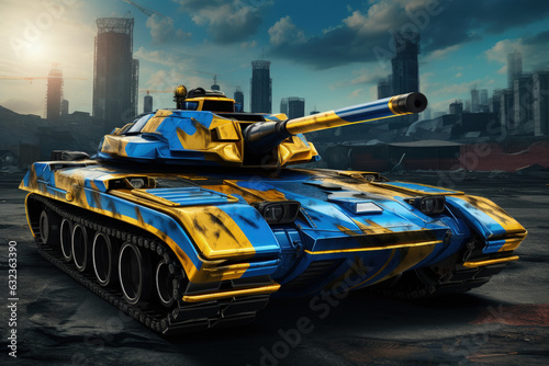 Battle tank painted with colors of the flag of Ukraine, city in the background. Generative AI