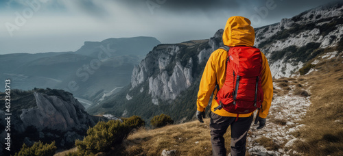 Landscape person doing trail over mountains, adventure and leisure concept. Generative AI photo