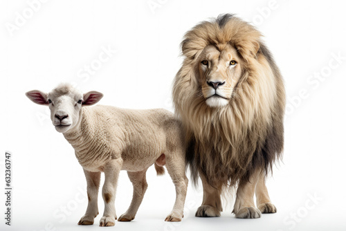 Lion next to a sheep, Jesus Christ concept. Generative AI