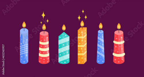 Lighted Aroma Candles Cartoon Set. Comfort Theme, Home Design, Aromatherapy Elements. Candle Colorful Drawn Vector Set.