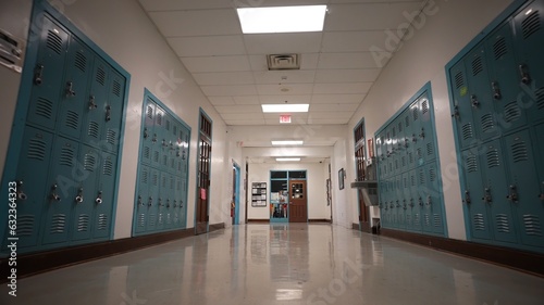 Low angle view down a long empty high school corridor hallway lined with student lockers.