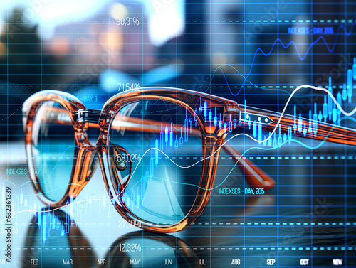 Glasses with stock market chart on background. Generative AI