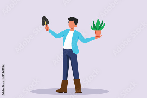 Happy man caring about interior potted plants. Home gardening and growing houseplants concept. Colored flat vector illustration isolated. 