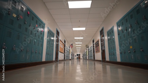 Fotografija Low angle view down a long empty high school hallway with US American flag with the corridor lined with student lockers