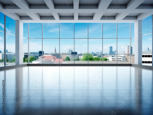 empty room with panoramic window and city view. Generative AI