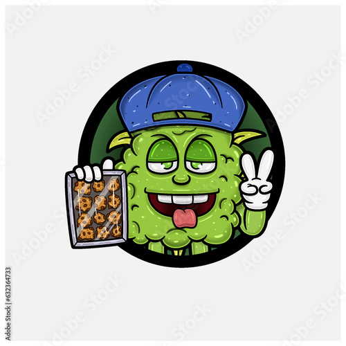 Weed Bud Mascot Cartoon Holding Cookies With Circle Logo. For Mascot Logo, Tshirt Design, Business, Cover, Label and Packaging Product.