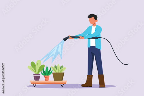 Happy man caring about interior potted plants. Home gardening and growing houseplants concept. Colored flat vector illustration isolated. 