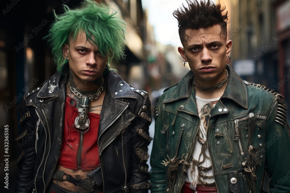 Fototapeta premium Two British punk rock men from the 1970s. Leather jacket