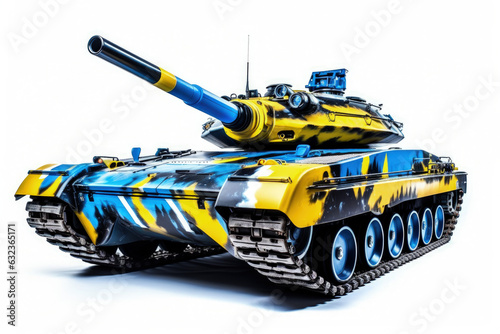 Battle tank painted with colors of the flag of Ukraine. Generative AI