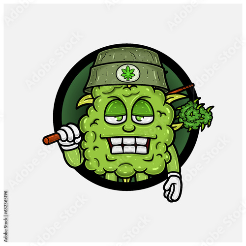 Weed Bud Mascot Cartoon With Fishing Rod and Circle Logo. For Mascot Logo, Tshirt Design, Business, Cover, Label and Packaging Product.