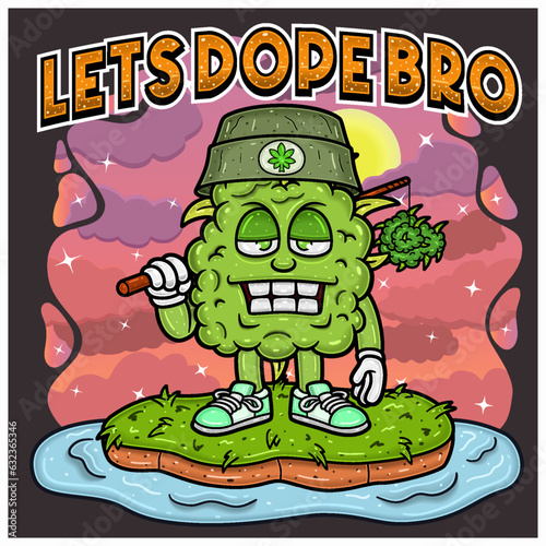 Weed Bud Mascot Cartoon With Fishing Rod, Backgrounds and Text. For Mascot Logo, Tshirt Design, Business, Cover, Label and Packaging Product.