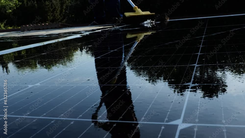 Cleaning solar panels from dust and dirt.fast motion .Solar Panel