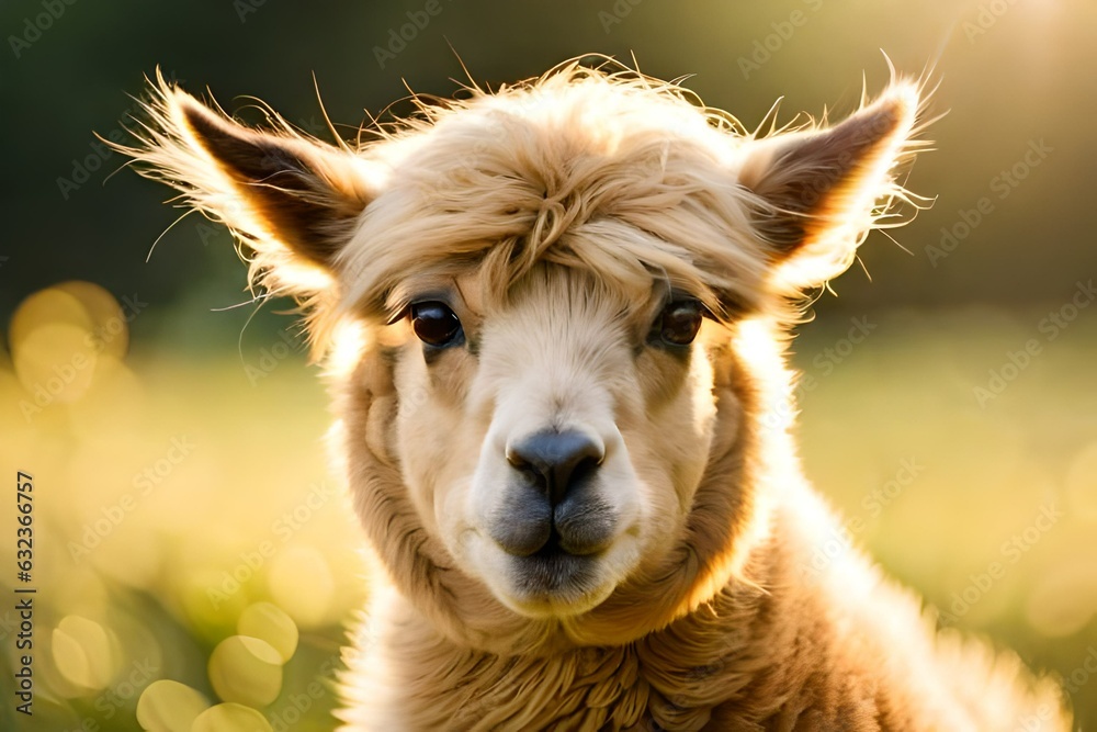 abstract alpaca or lama portrait on natural farm background created with generative ai technology