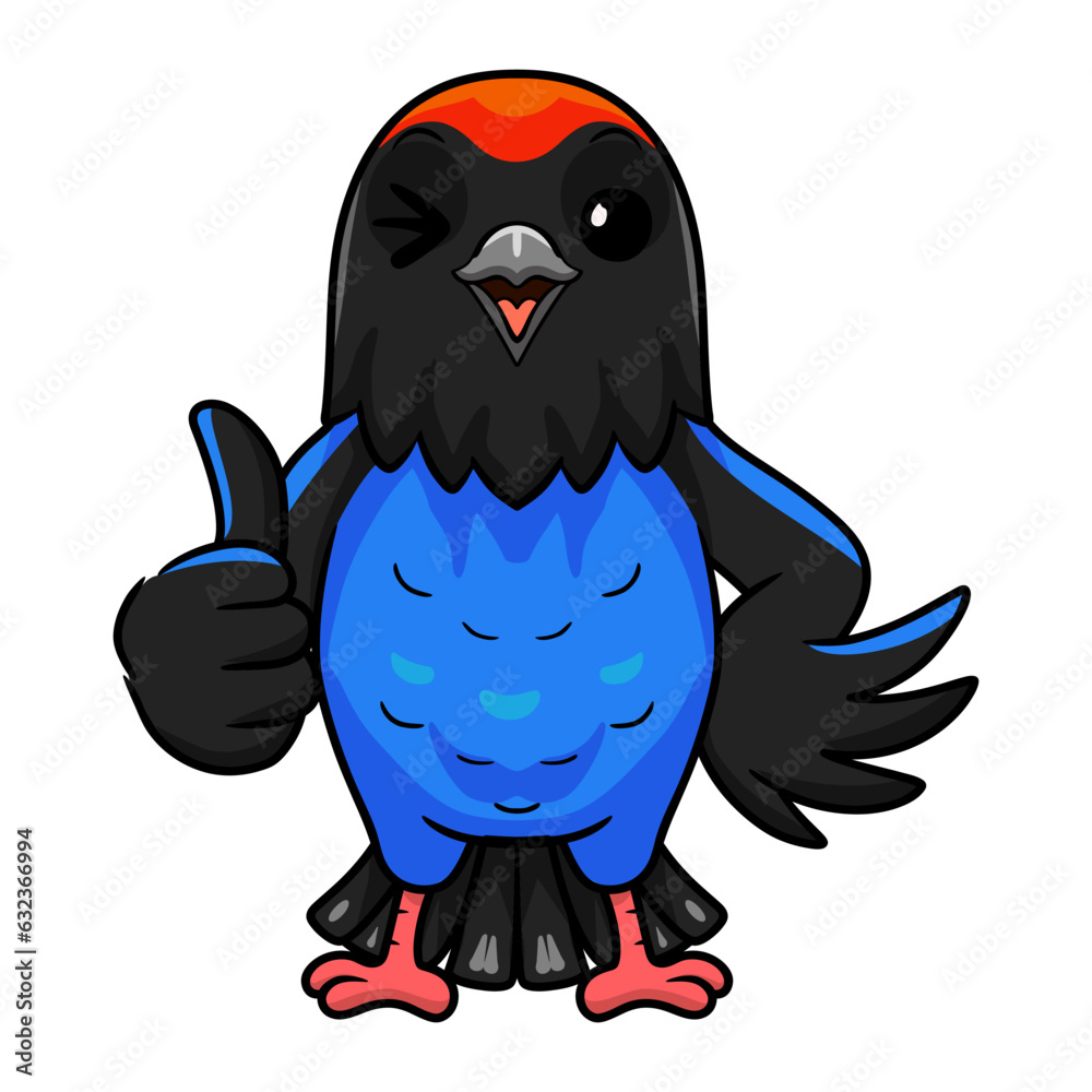 Obraz premium Cute blue manakin bird cartoon giving thumb up