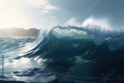 Blue waves and sea foam make up the background. Generative AI
