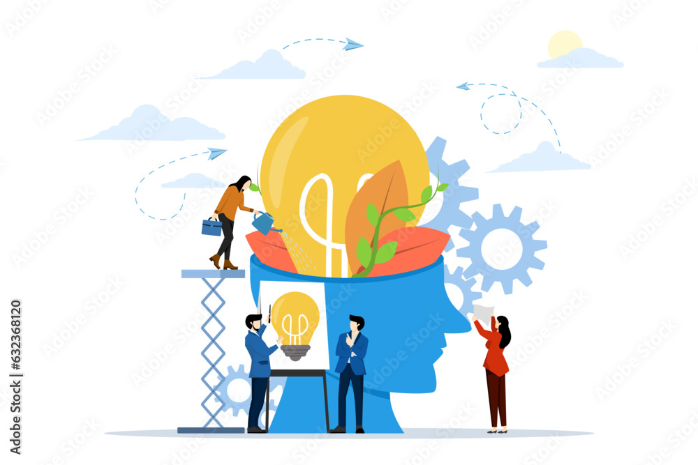 concept generates ideas. a metaphor for the birth of creative ideas. business concept analysis. people growing potted plants. graphic design idea of project activity vector, flat vector illustration. concept generates ideas. a metaphor for the birth of creative ideas. business concept analysis. people growing potted plants. graphic design idea of project activity vector, flat vector illustration.
