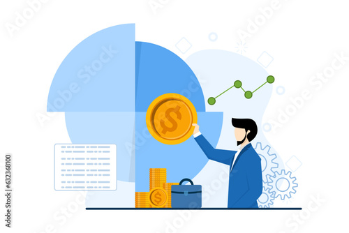 The concept of Invest wisely. Humans invest money in growing stocks and bonds and make profits. Competent entrepreneur managing finances. Flat vector illustration on a white background.